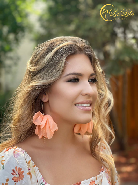 Silk Tangerine Flower Earrings with Silver Finishing