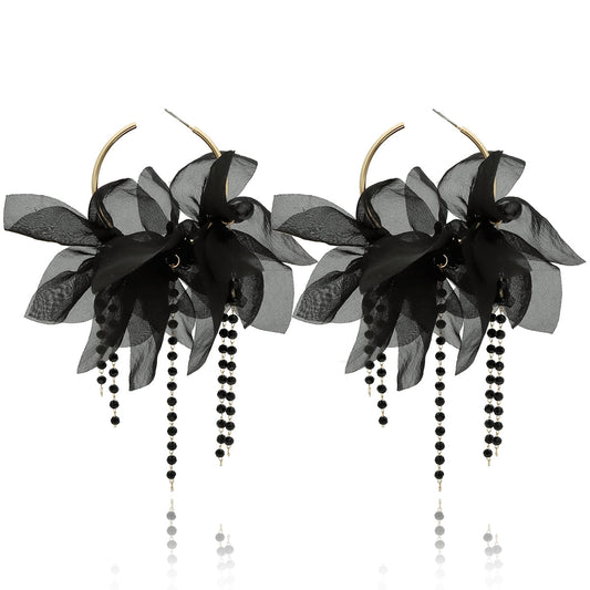 Black Silk Flower Hoops Earrings with Crystals