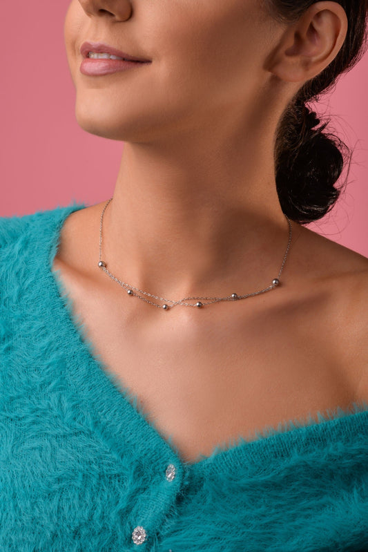 Silver Double Chain Necklace with Silver Beads