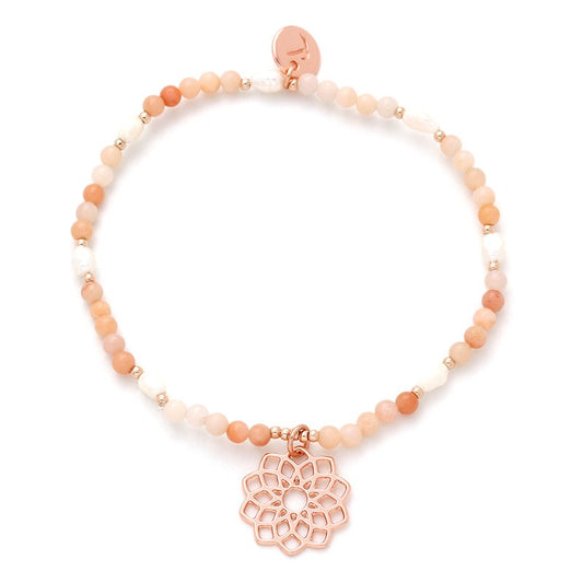 Rose Gold Plated Freshwater Pearl & Sun Stone Bracelet with Flower Pendant