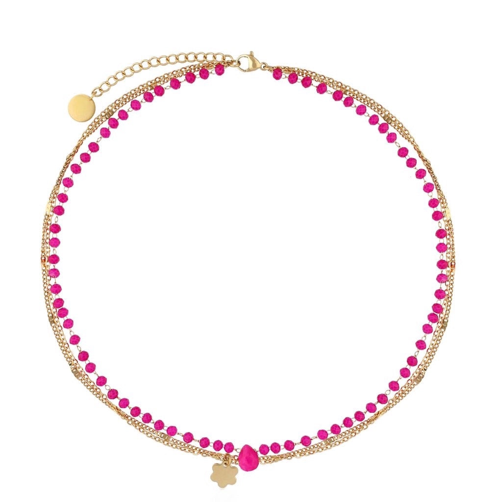 Fuchsia Faceted Glass Crystals & Double Chain Necklace