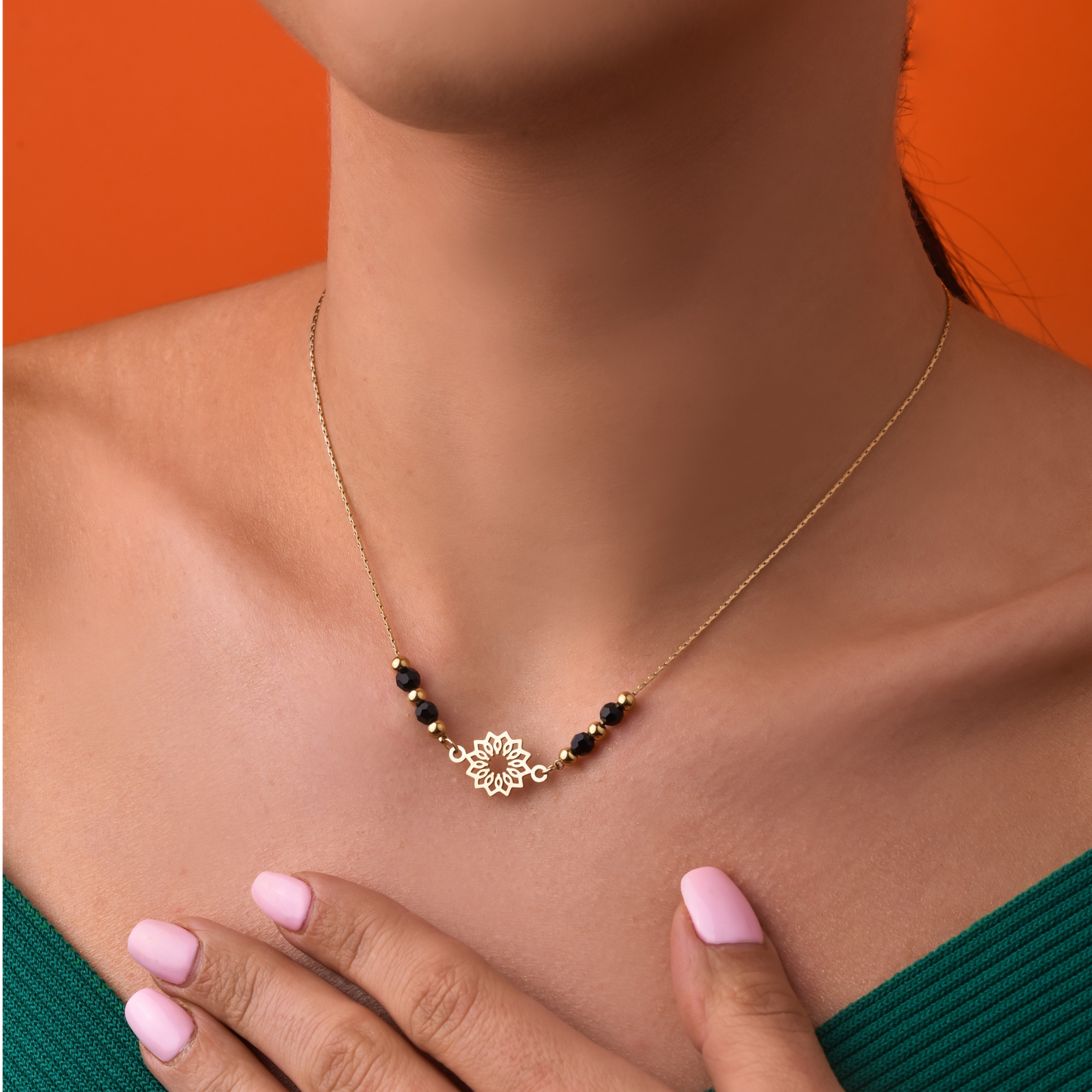 Flower Necklace with Black Agates and Gold Beads