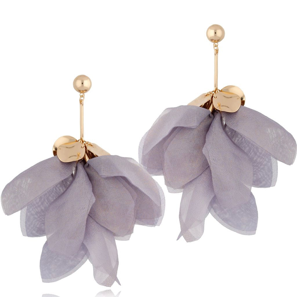 Dolphin Gray Silk Flower Earrings with Gold Shimmer