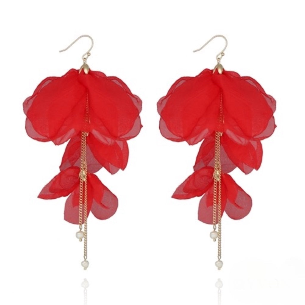 Hot Red Flower Silk Earrings with Chains and Pearls