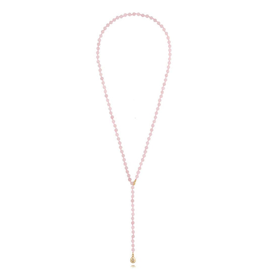 Pink Quartz Stones Long Necklace with Teardrop Pendant