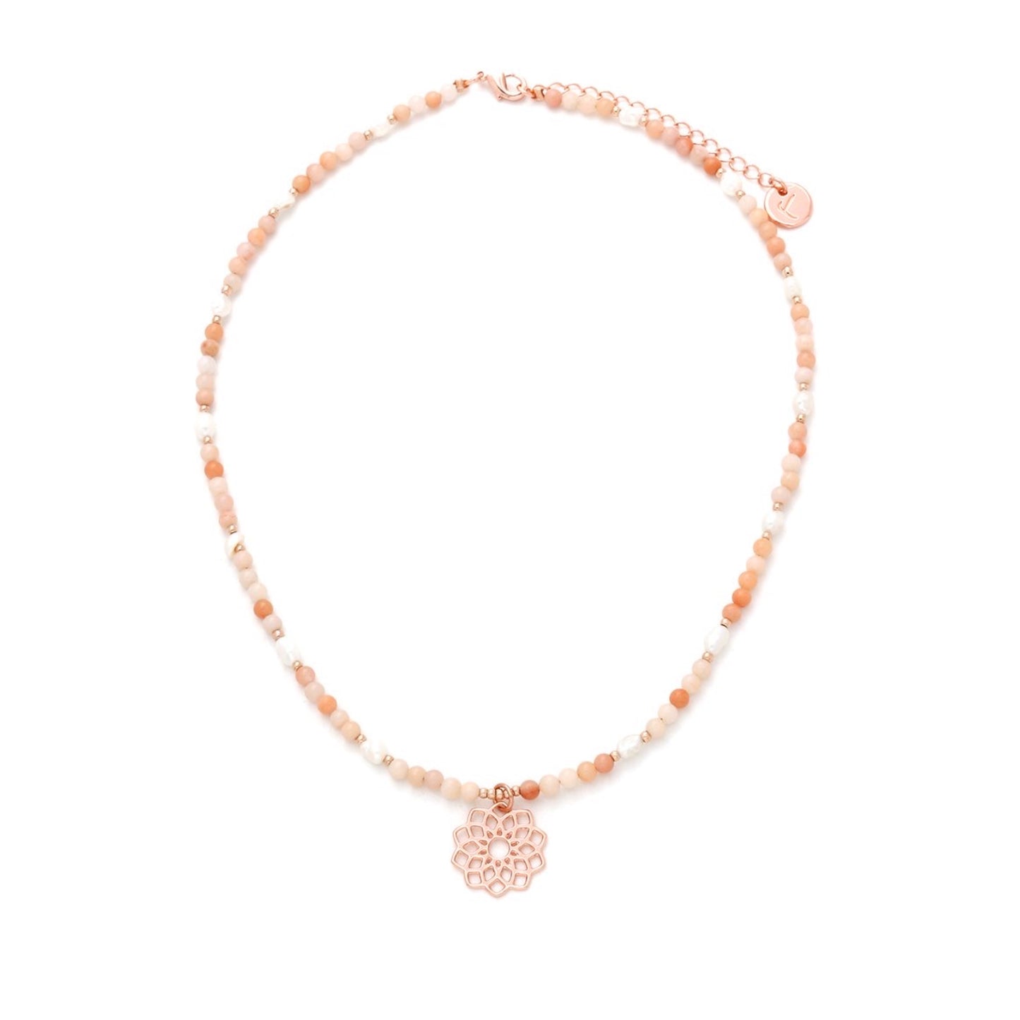 Rose Gold Plated Freshwater Pearl & Sun Stone Necklace with Flower Pendant