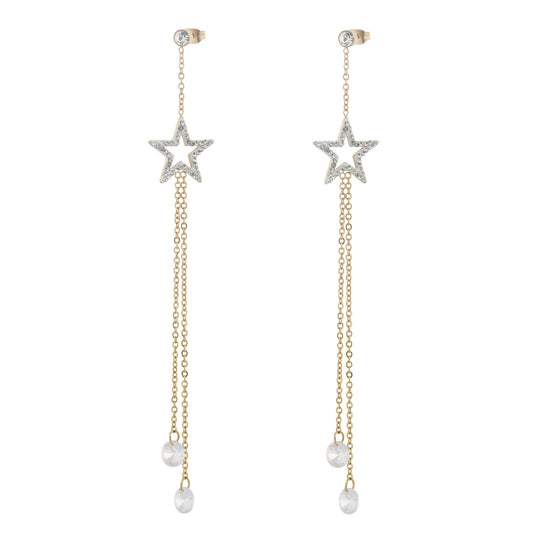 Gold Plated Crystal Stars Long Tassel Earrings