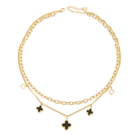 14k Gold Plated Double Chain & Two Side Clovers Necklace