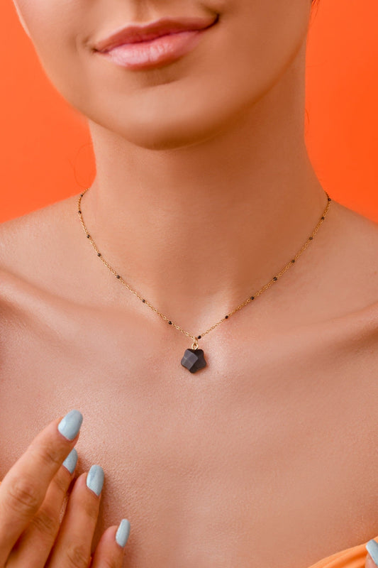 14k Gold Plated Necklace with Onyx Clover Pendant