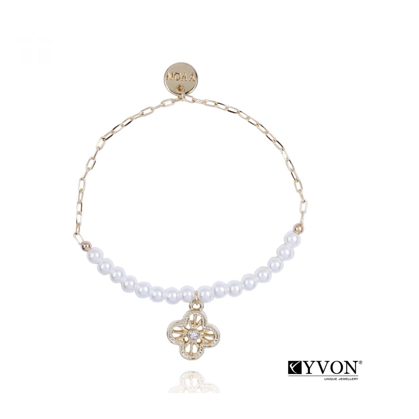 Gold Plated Bracelet with Glass Pearls and Flower Pendant