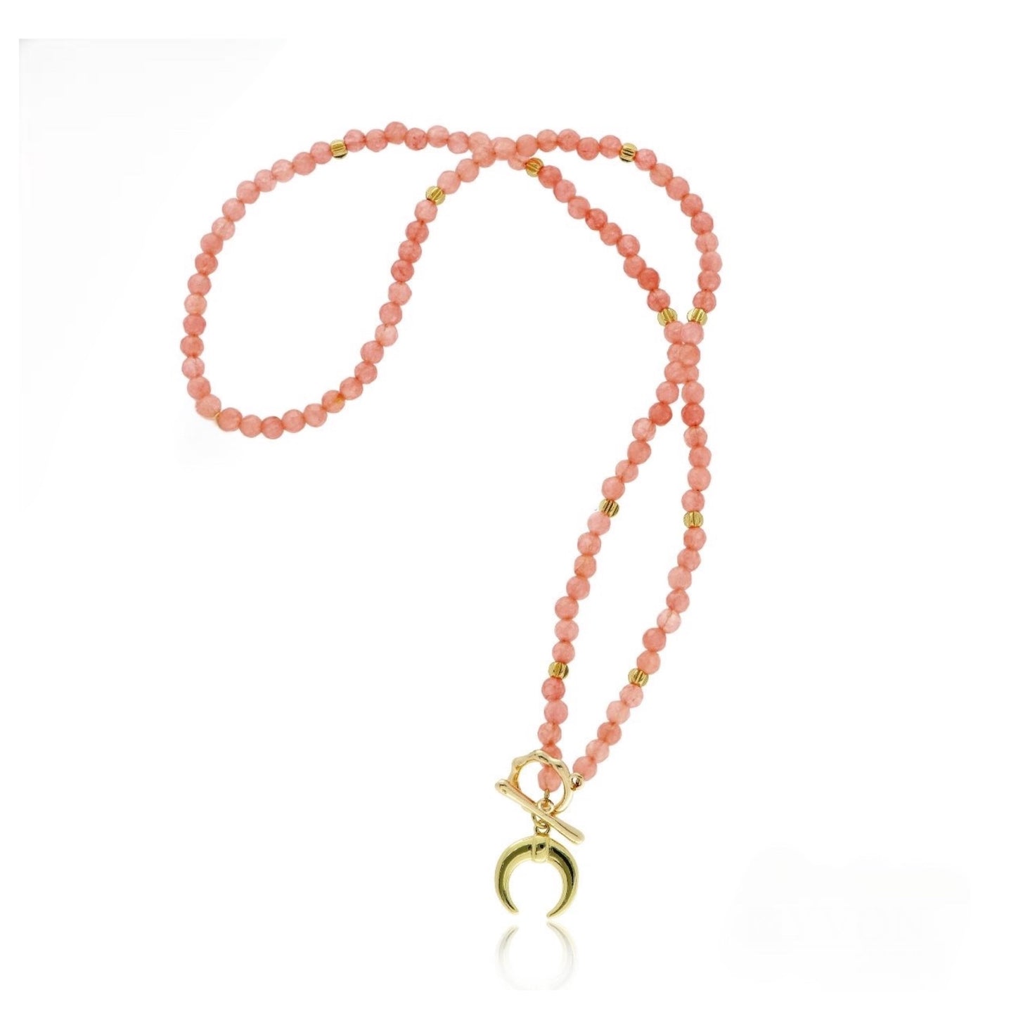 Gold Plated Coral Jadeite Necklace with Moon Pendant