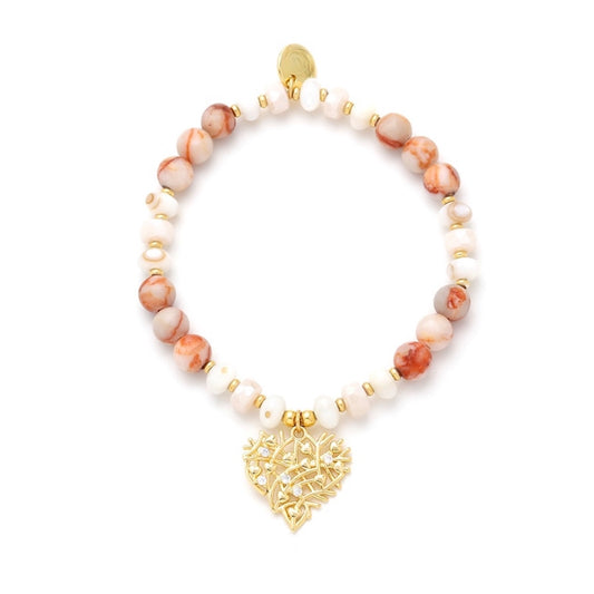 Gold Plated Natural Stones and Shell Bracelet with Zircon Heart