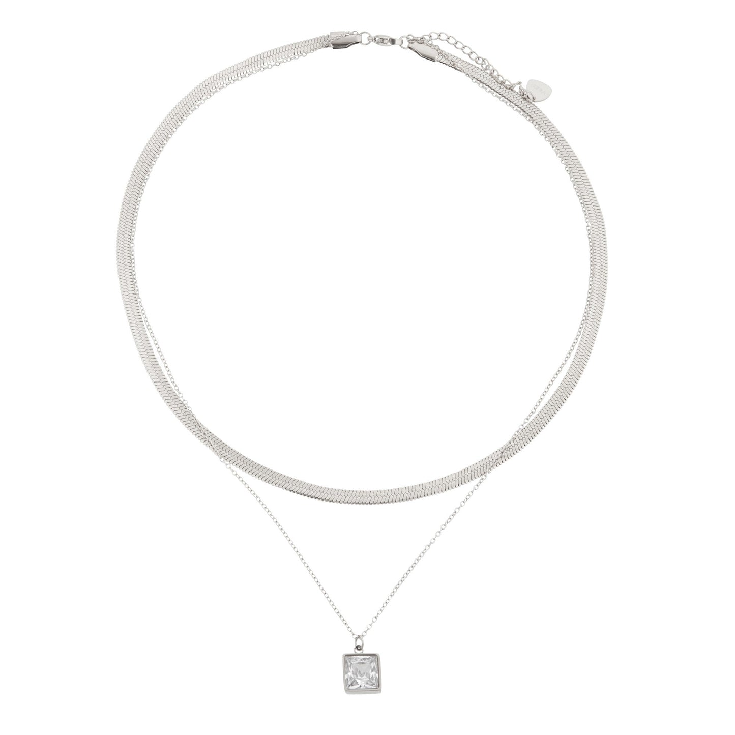 Silver Double Chain Necklace with Square Pendant