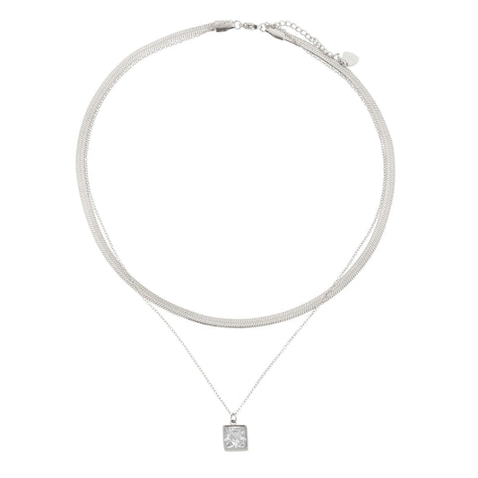 Silver Double Chain Necklace with Square Pendant