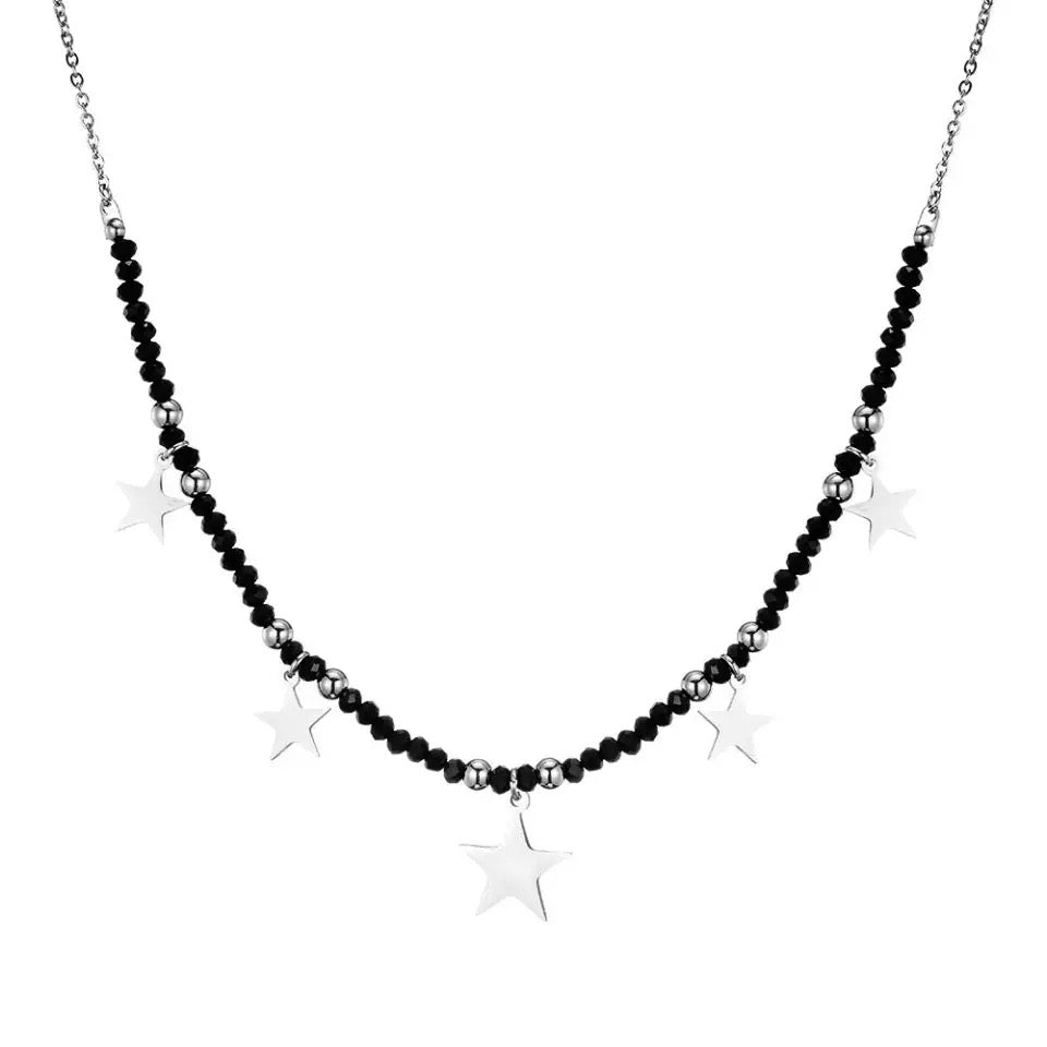 Stainless Steel Black Crystals and Stars Necklace