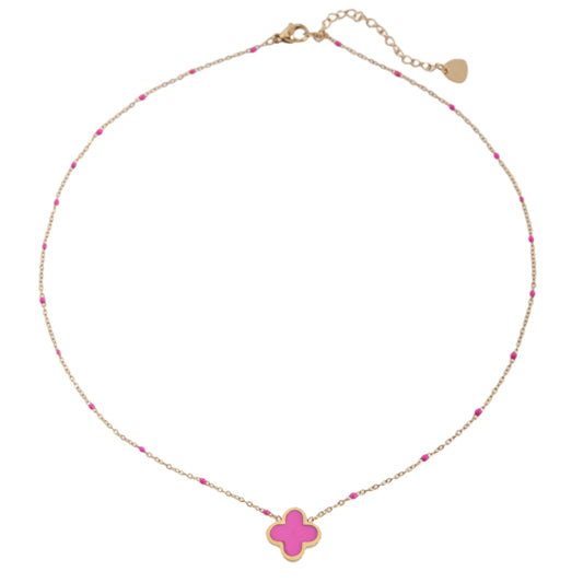 14k Gold Plated Pink Clover Necklace with Pink Beads