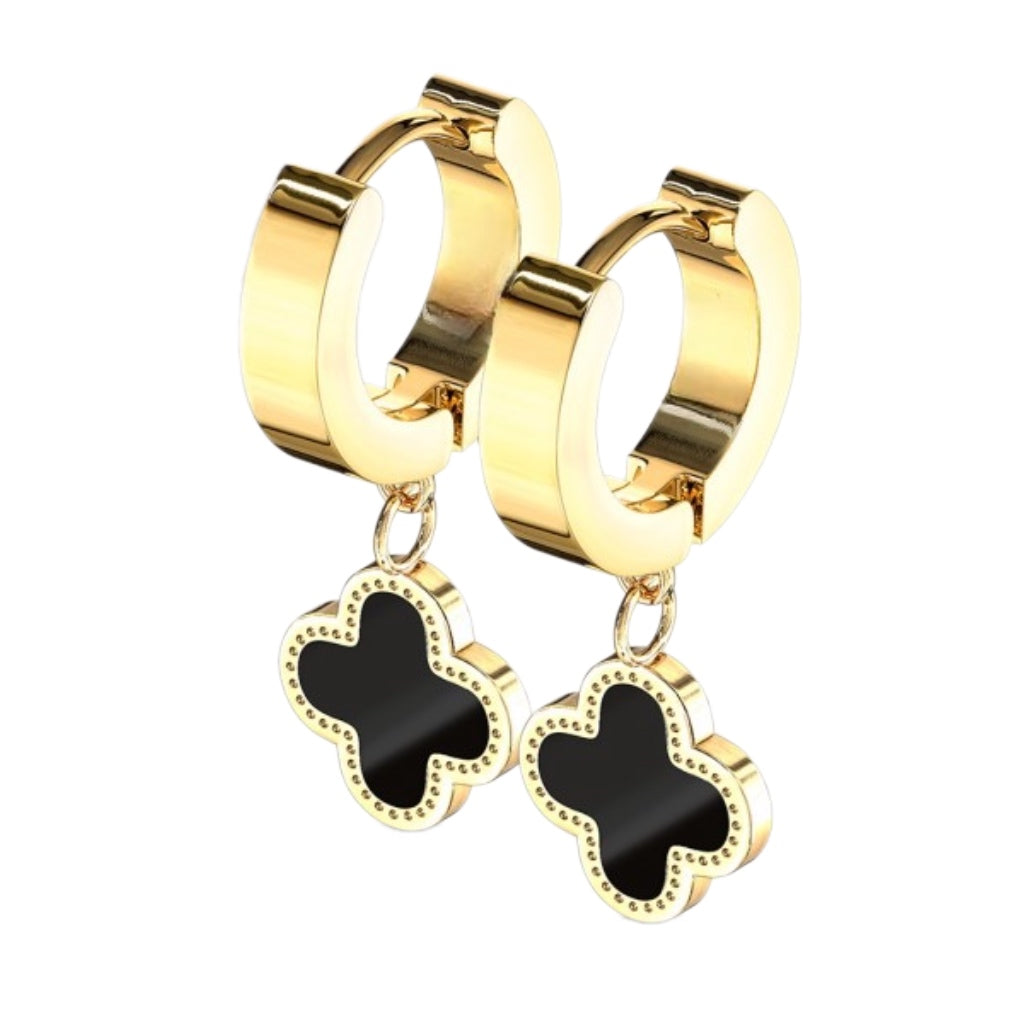 Gold Plated Clover Earrings and Black Enamel