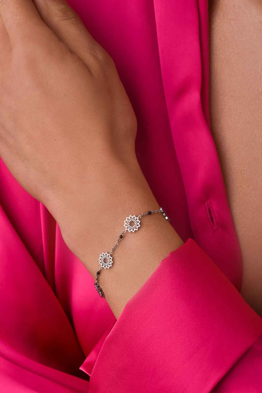 Silver Flowers and Black Beaded Bracelet