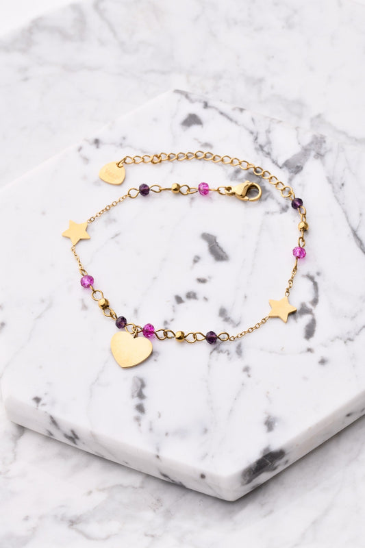 14k Gold Plated Heart and Stars Bracelet with Pink Crystals
