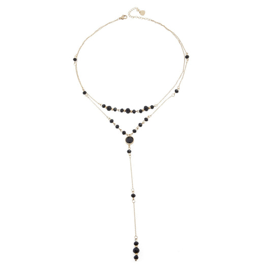 14k Gold Plated Double Chain Y Necklace with Black Crystals