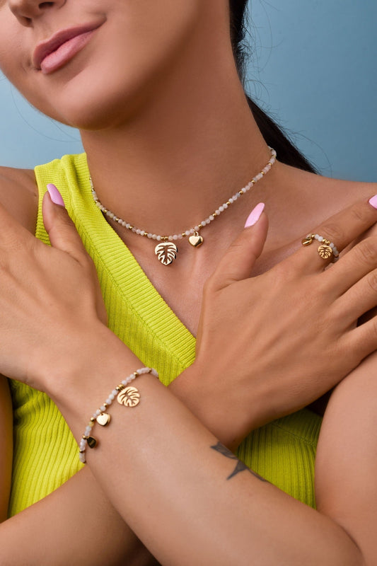 Morganite Stones Necklace with Gold Plated Monstera Leaf Pendant