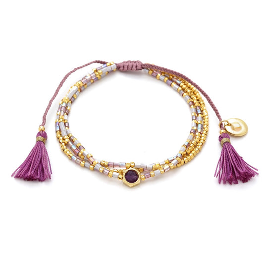 Gold Plated Triple String Bracelet with Amethyst Stones & Miyuki Beads