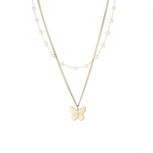 14k Gold Plated Double Chain Necklace with Pearls and Butterfly Pendant