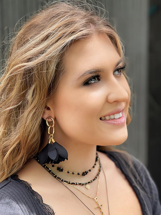 Gold Chain Satin Earrings in Black