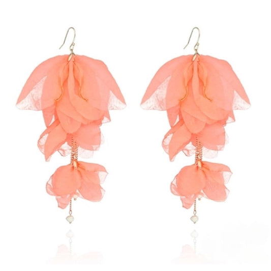 Tangerine Flower Silk Earrings with Chains and Pearls