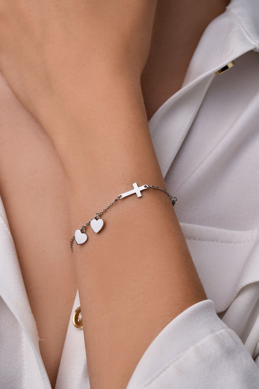 Silver Stainless Steel Bracelet with Hearts and Crosses