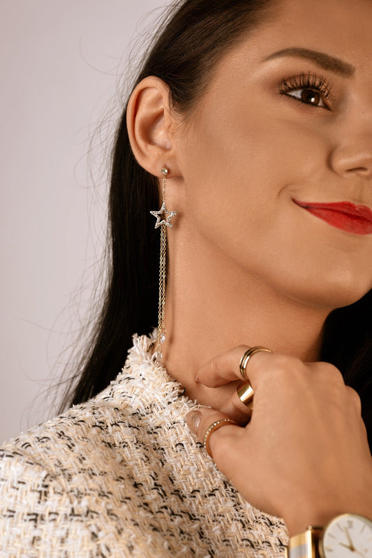 Gold Plated Crystal Stars Long Tassel Earrings