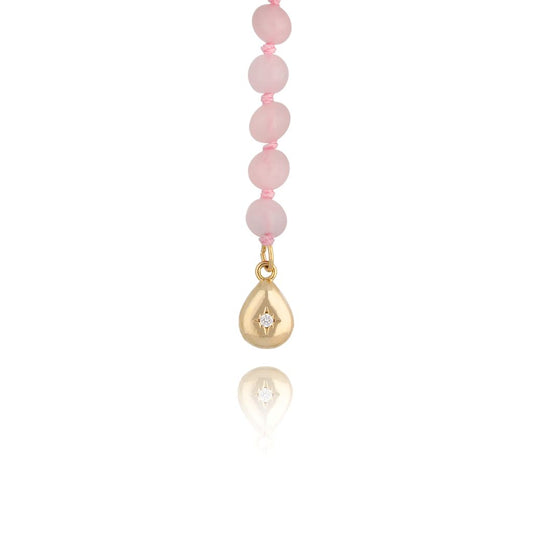 Pink Quartz Stones Long Necklace with Teardrop Pendant