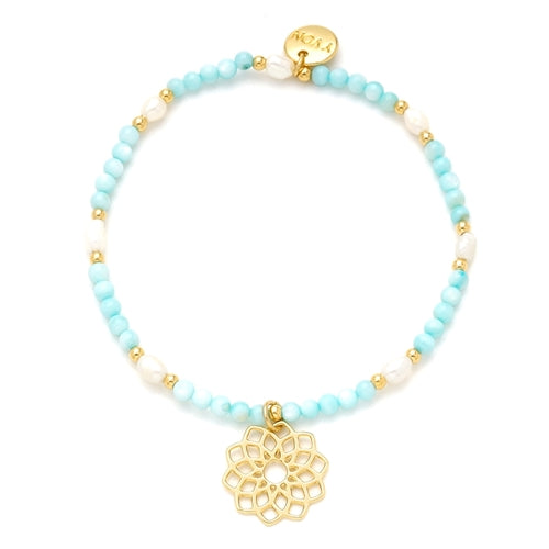 Gold Plated Freshwater Pearl & White Shell Bracelet with Flower Pendant
