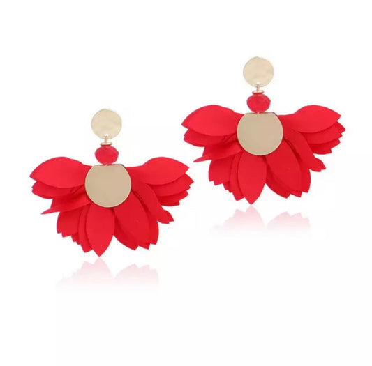 Satin Flower Earrings in Red with Old Gold Finishing