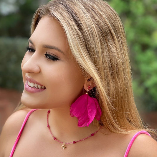 Pink Silk Flower Earrings with Pink Crystal