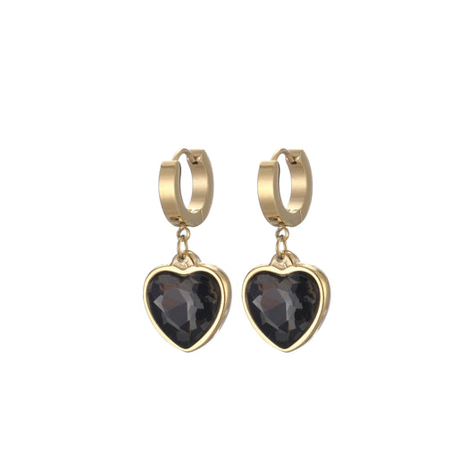 14k Gold Plated Black Crystal Heart Earrings