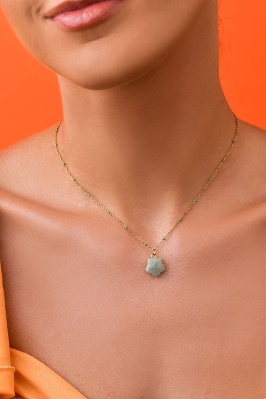 14k Gold Plated Necklace with Aventurine Clover Natural Stone