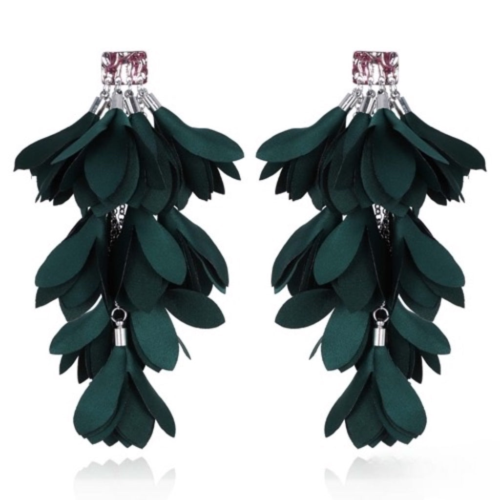 5 inch Pine Green Satin Earrings with Silver Finishing