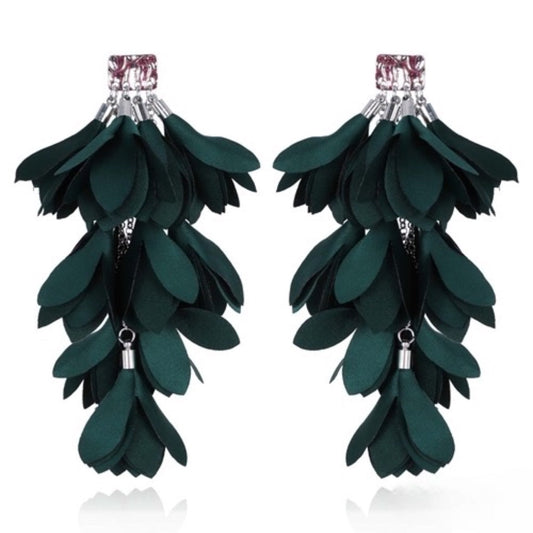 5 inch Pine Green Satin Earrings with Silver Finishing