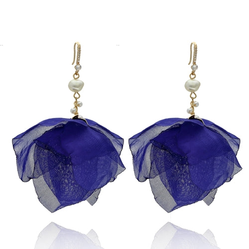 Royal Blue Silk Earrings with Crystals and Pearls