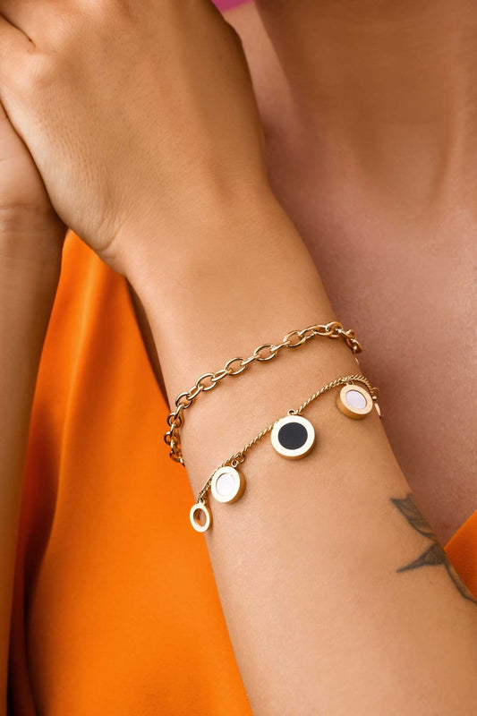 Double Chain Bracelet with Open and Black Enamel Circle Pendants