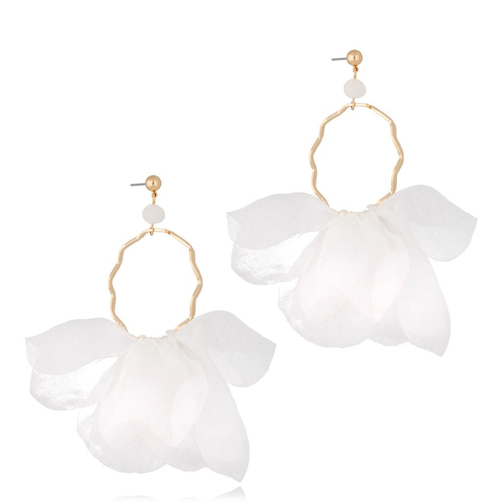 Flower White Silk Hoop Earrings with Gold Finishing