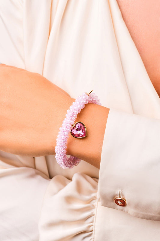 Adjustable Pink Glass Crystals Bracelet with 14K Gold Plated Heart and Pink Crystal Pendant