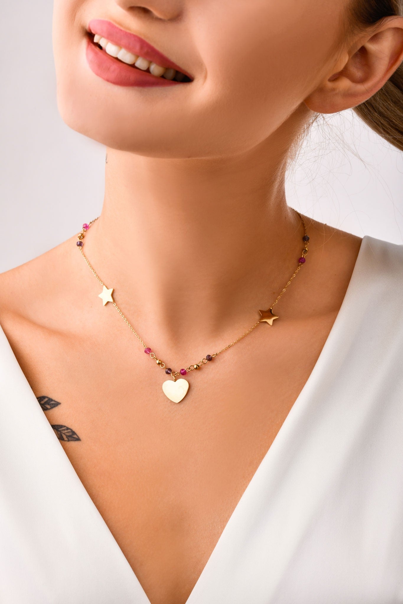 14k Gold Plated Heart and Stars Necklace with Pink Crystals