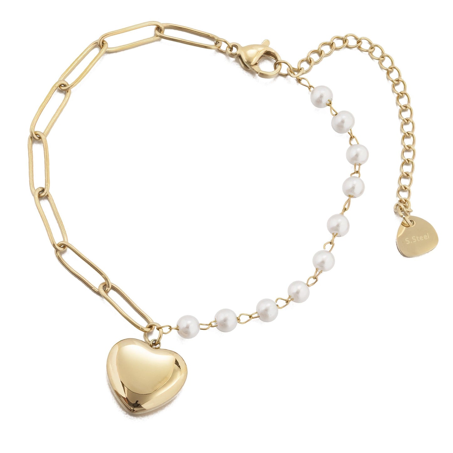 14k Gold Plated Pearl Bracelet with Heart Pendant