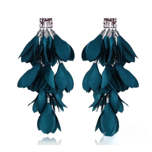 5 inch Peacock Green Satin Earrings with Silver Finishing