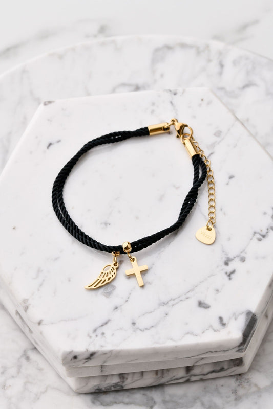 Double Black String Bracelet with Gold Plated Cross & Wing Pendant