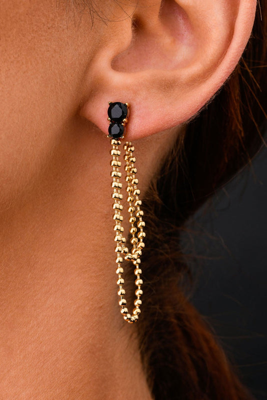 14k Gold Plated Double Chain and Black Crystals Earrings