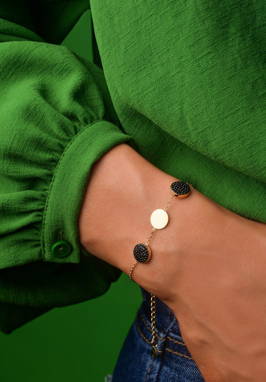 14k Gold Plated Chain Bracelet with Black Crystal Circles