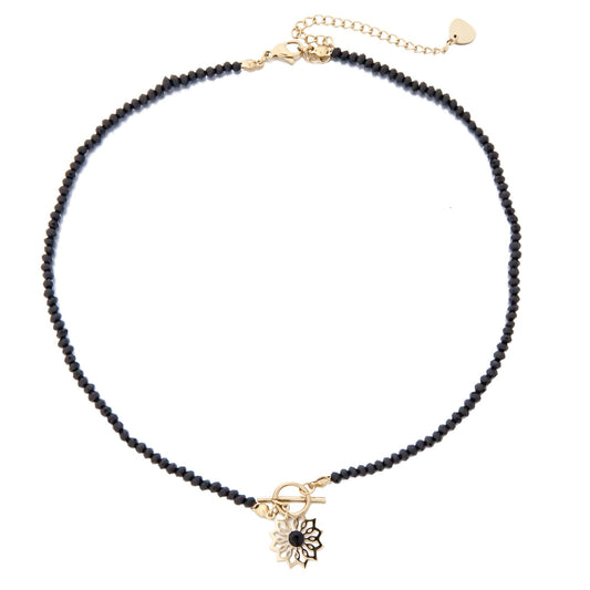 Black Crystals Choker Necklace with Flower Pendant